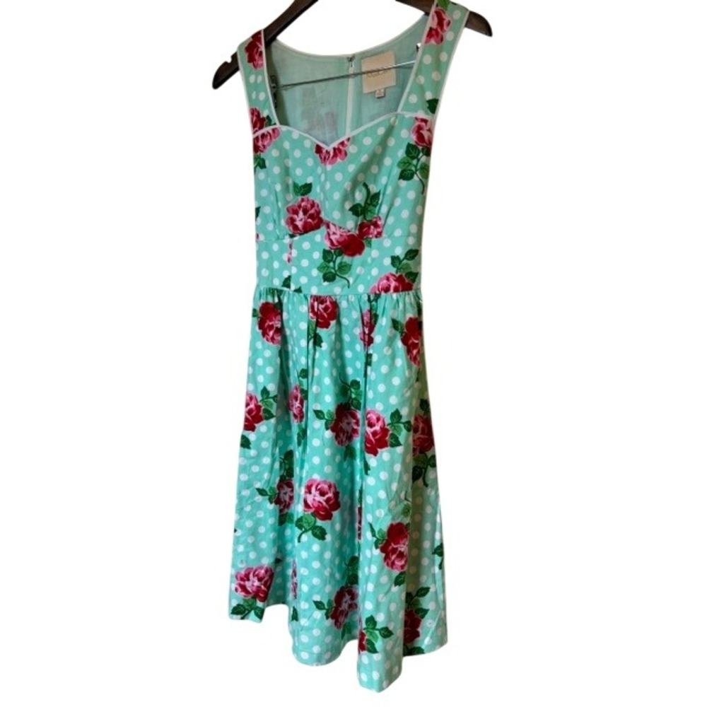 ModCloth Mint Green Polka Dot Rose Floral Fit Flare Dress Retro Pockets Small